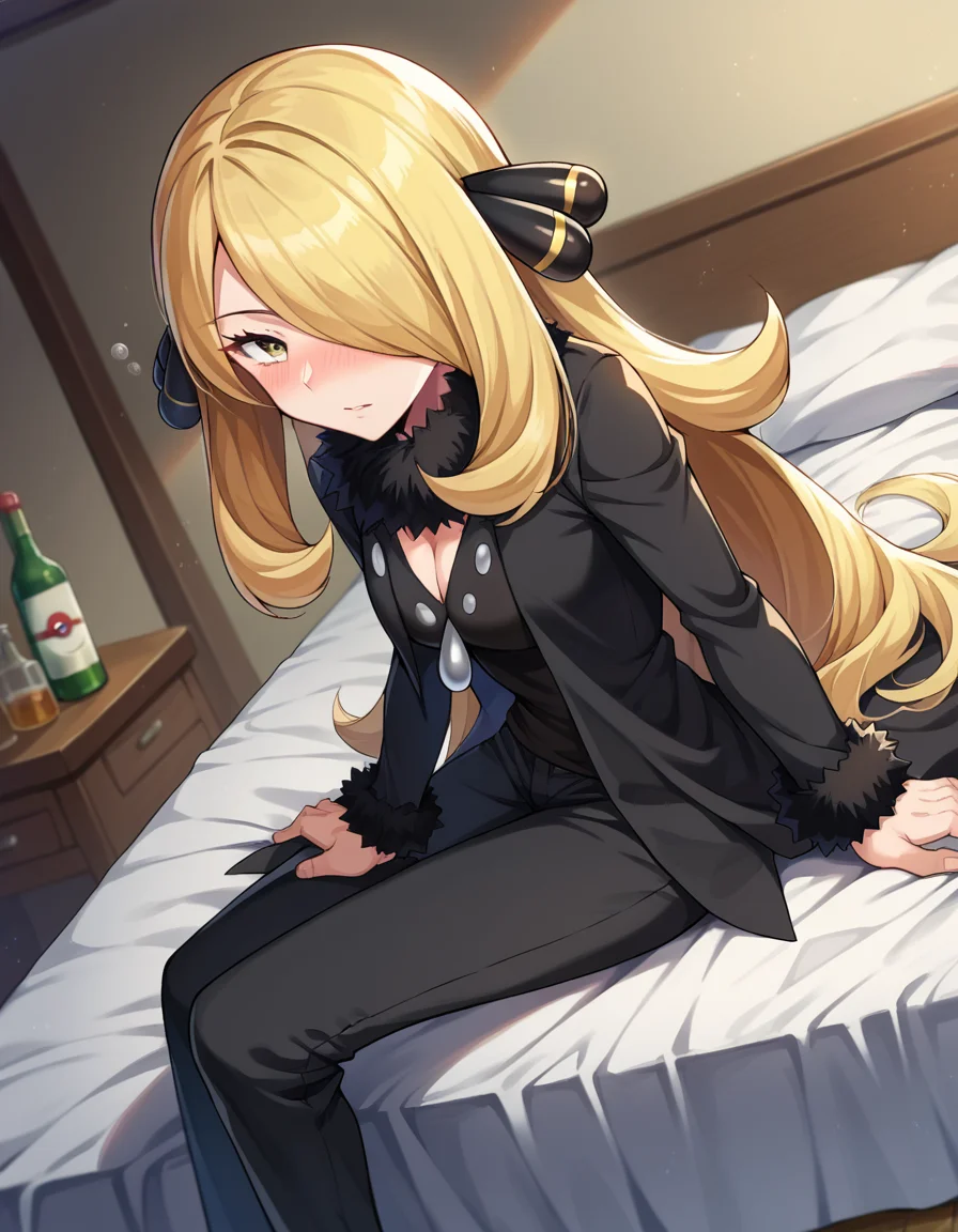 score_9, score_8_up, score_7_up, source_anime,
pokemoncynthia, <lora:pokemon-cynthia-ponyxl-lora-nochekaiser:1>
pokemoncynthia, blonde hair, hair ornament, hair over one eye, long hair, yellow eyes,
black coat, black pants, black shirt, coat, fur collar, fur trim, fur-trimmed sleeves, pants, shirt,
indoors, bed, bed room, on side, blush, drunk,
looking at viewer, cowboy shot, dutch angle,