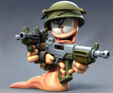 wormsteam17, wormrender, worm, 1worm, solo, no humans, army helmet, dual wielding guns, bare worm body, bare worm tail, masterpiece, best quality