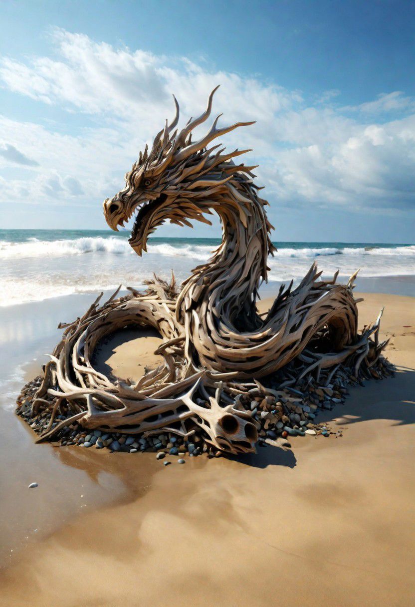 (drift wood washes up on the shore, all the tiny parts of drift wood form together to create a perfect  shape of a large dragon lying on the shore), abstract, 3d render, strong, insanely intricate details, (masterpiece), breathtaking natures art work