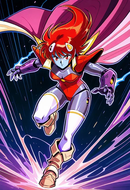 masterpiece, best quality, amazing quality, very aesthetic, absurdres, newest, 1girl,sharffl3 as a robot, 1girl, robot, robotic face, short red hair, hair ornament, red eyes, red pauldrons, red leotard, pink cape, white thighhighs, beige boots, purple wristbands, collar, close up, action pose, metal skin, robotic skin