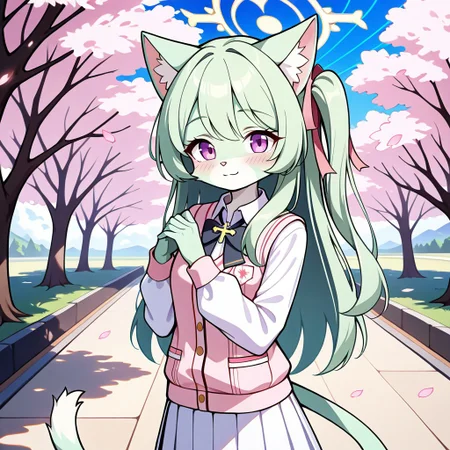 L1l1th_Ca1a4,1girl,solo,furry,furry female,cat girl,long hair,green hair,cat ears,purple eyes,snout,animal nose,body fur,two-tone fur,green fur,white fur,cat tail,
serina (blue archive), blush, cherry blossoms, closed mouth, collared shirt, day, halo, long sleeves, one side up, outdoors, pink sweater vest, shirt, skirt, smile, sweater vest, white halo, white shirt, white skirt