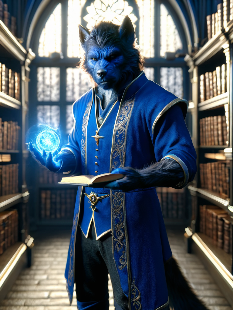 worgen, male worgen, mage worgen, mage clothing, a man in a blue outfit holding a staff with blue magic, book shelves in the background, standing in front of a window, backlight <lora:wowrgen-sdxl:1>