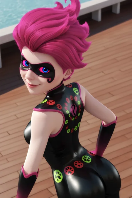score_9, score_8_up, score_7_up, masterpiece, detailed, 4k, high quality, best quality, , imtdmiraculer, 1girl, beatiful girl, bodysuit, pink hair, domino mask, blue eyes, colored sclera, pink sclera, skin tight, mask, elbow gloves, sleeveless, short hair, makeup, wide hips, no bra, from behind, looking at viewer, ass focus, smile, closed mouth, close up
