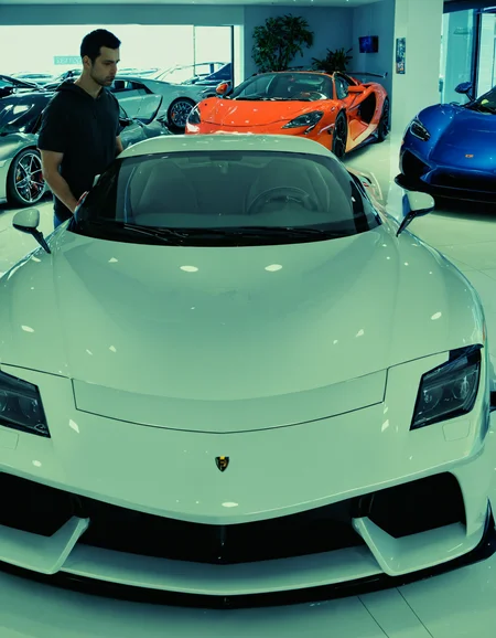 <lora:R0k00M0t0rV3h1c13HD:1>,r0k00m0t0rv3h1c13hd,r0k00bstr0cthd,car,super car,sports car,, a man looking at a car with its hood open in a showroom with other cars in the background [2]