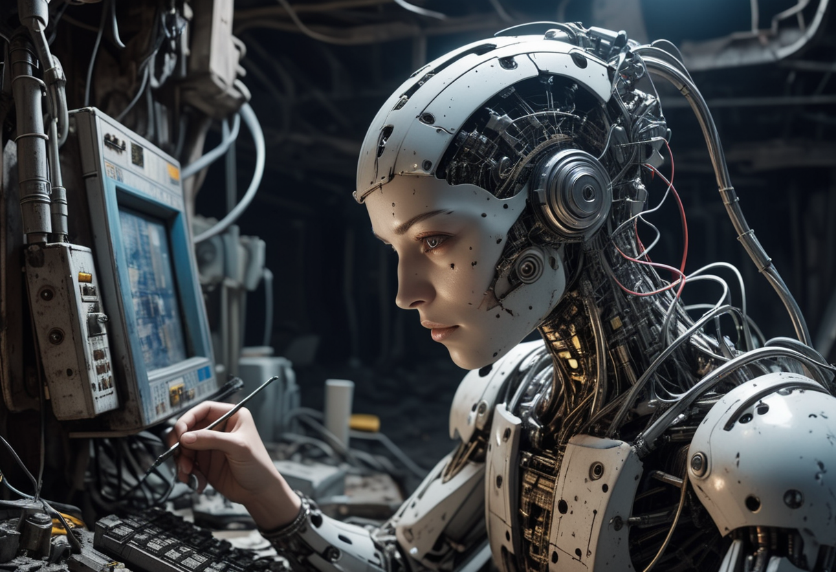 (medium full shot) of (medium shot ) of cybernetic human repairing equipment, detailed face, located in a ruined world at a destroyed subway station during night with sunny weather, illuminated by starlight, creating a tense atmosphere, ,Masterpiece,best quality, raw photo, realistic, very aesthetic