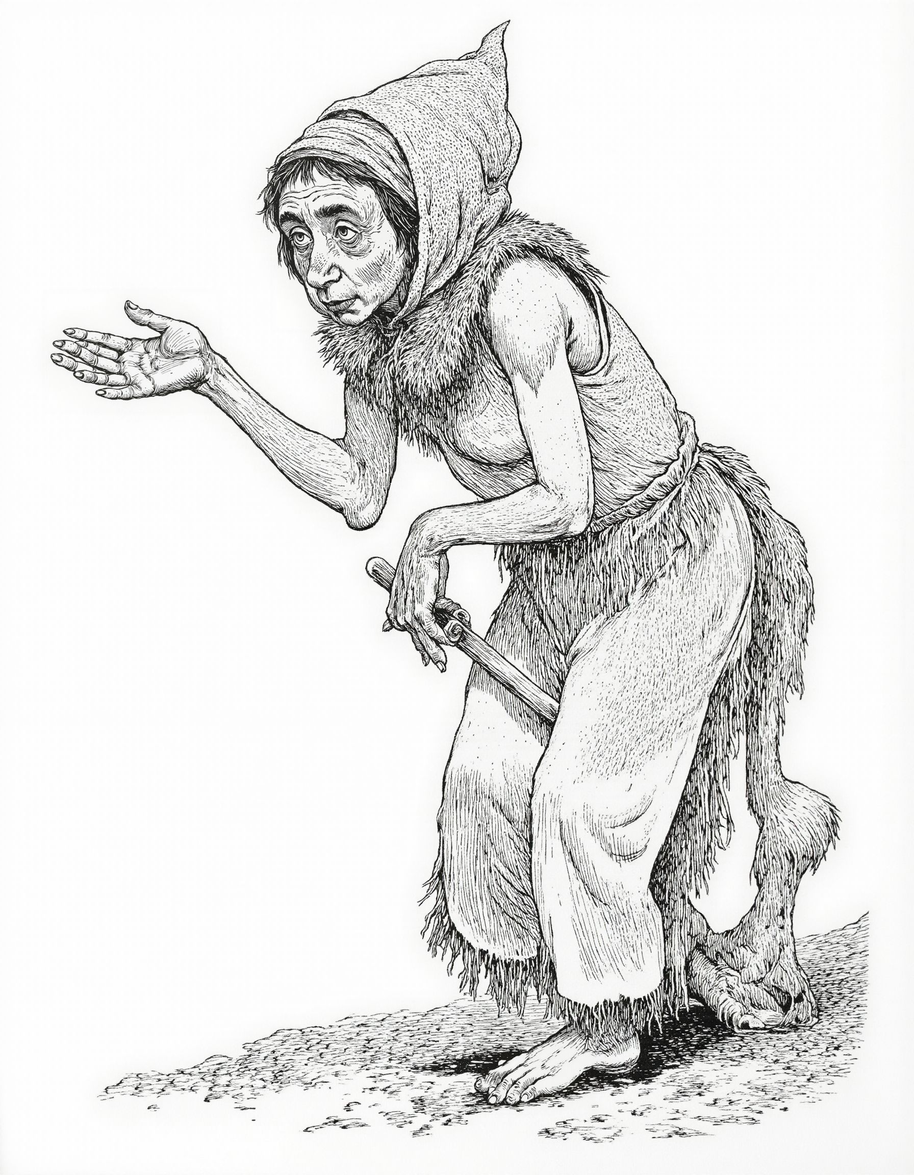<lora:mig4v:1>, This image is a detailed black and white drawing in a style reminiscent of 19th-century woodcut illustrations. The subject is an old, hunched witch-like figure with a weathered, wrinkled face and a long, pointed nose. Her eyes are large and expressive, with deep furrows around them. She wears a headscarf adorned with a pattern, which covers her head and hangs down to her shoulders. Her attire consists of a tattered, sleeveless vest over a long, ragged dress that drags on the ground. The dress is adorned with a frayed, fur-like collar. Her left hand is raised, palm outward, as if casting a spell or offering something. She holds a staff or walking stick in her right hand, which is resting on the ground. The background is minimalistic, with only a few faint, sketchy lines indicating grass or ground. The overall texture of the drawing is rough and textured, emphasizing the aged and worn appearance of the witch. The image conveys a sense of mystery and magic, typical of folkloric or fairy-tale illustrations.