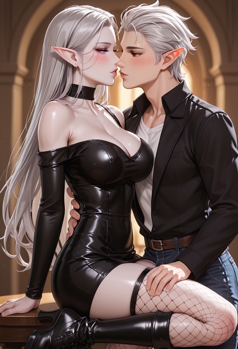 score_9_up, score_8_up, score_7_up, masterpiece, absurdres, raytracing, ambient occlusion, dynamic, cinematic, depth of field,8K,illustration, shiny hair,clear skin,ultra-detailed-eyes, (perfectly shaped lips:1.3), ((ultra-detailed faces:1.3)),(((tenderly kissing lips, half lidded eyes, blushing))), ((duo:1.2)), (((1woman, pointy ears, purple eyes, long straight silver hair, pale skin, large breasts))), ((the woman wears a red and black dress, shoulder cutout, off-shoulder dress, thigh high fishnet stockings, high heels knee boots)), (((Astarion, 1man, pointy ears, red eyes, white hair, medium length, semi curls perfectly styled hair, with a single charming loose strand over the right side of his forehead, sharp jawline, graceful male face features, little forehead wrinkles, extremely pale skin, toned body, tall))), ((the man is tall and muscular, wearing a  white shirt and black jacket, denim pants, and combat boots)), Idyllic forest background, sunset