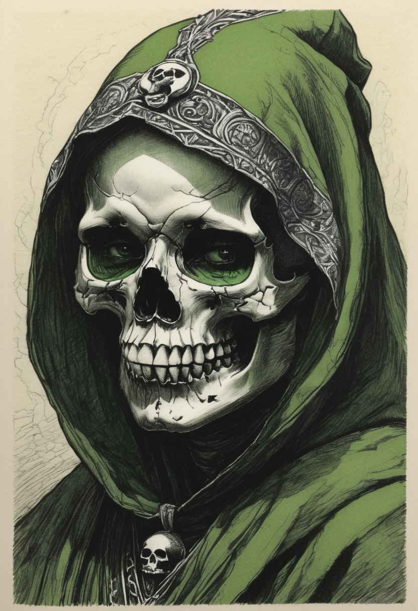 Charcoal drawing, black pencil drawing, pencil drawing, black and white drawing, graphite drawing, studio style shading on white background above, Black and green ink on old yellowed parchment. Tarot card style. close-up portrait. Herald of Plague. crazy smile. The skull makes up the face. hood. monastic robe. Dark fantasy aesthetics