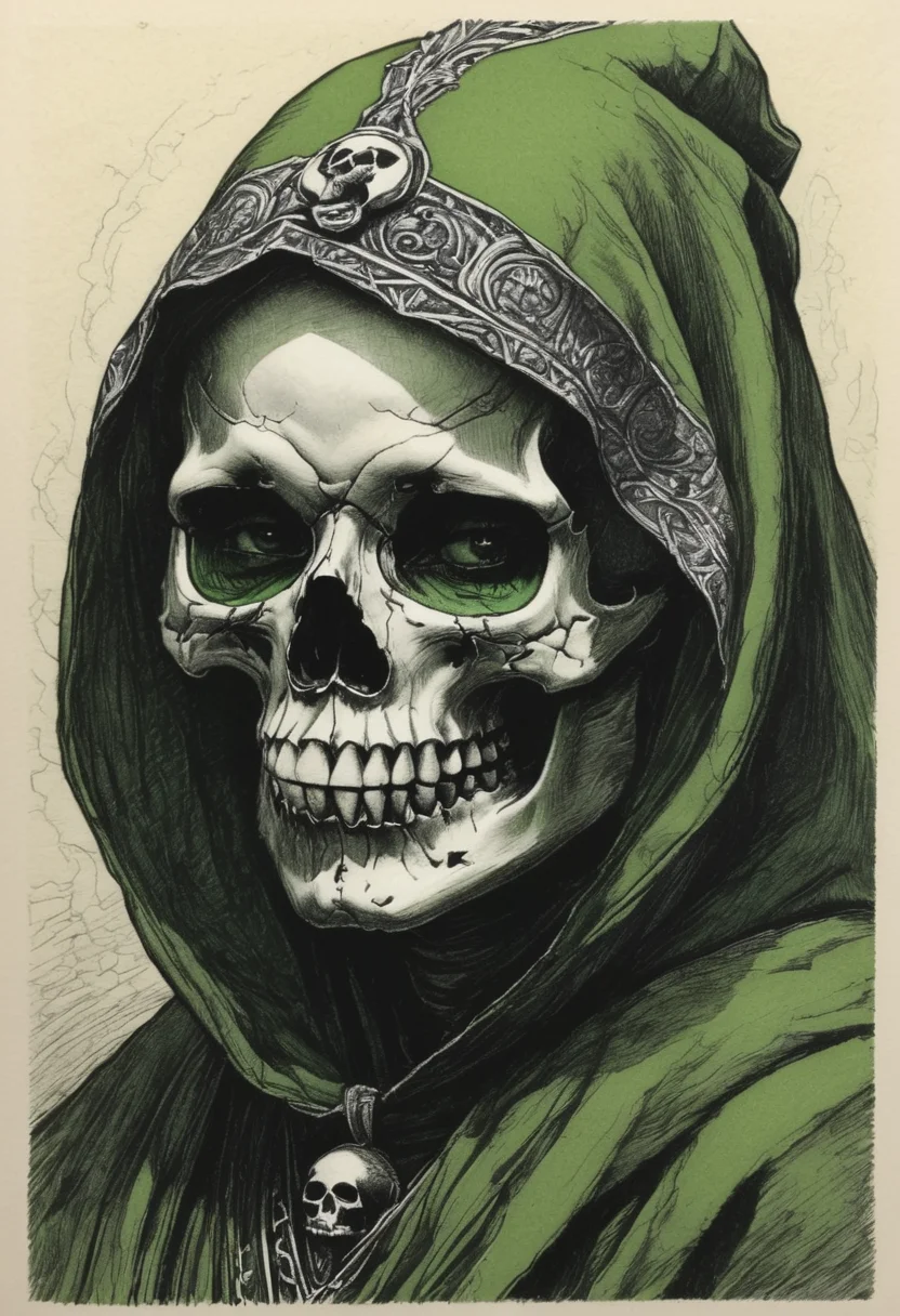 Charcoal drawing, black pencil drawing, pencil drawing, black and white drawing, graphite drawing, studio style shading on white background above, Black and green ink on old yellowed parchment. Tarot card style. close-up portrait. Herald of Plague. crazy smile. The skull makes up the face. hood. monastic robe. Dark fantasy aesthetics