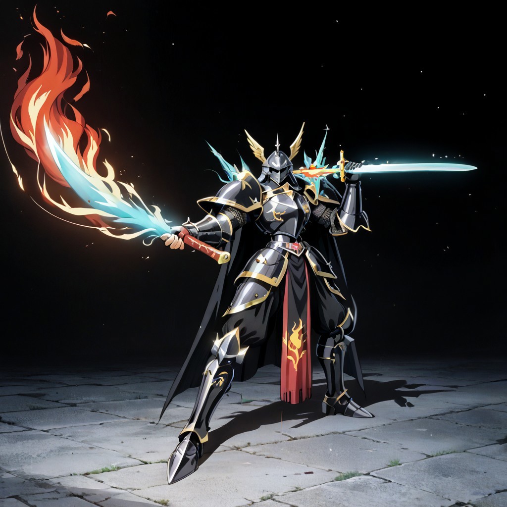 score_9, score_8_up, score_7_up, score_6_up, score_5_up, score_4_up, source_anime,NCRender,retro artstyle,black armored knight,spiked armor,holding sword,flaming sword,blue flames,full body,dynamic pose,castle