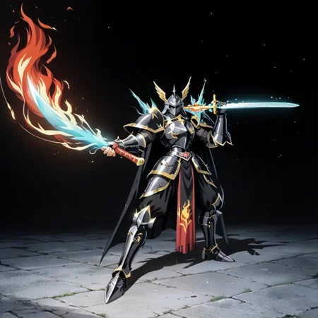 score_9, score_8_up, score_7_up, score_6_up, score_5_up, score_4_up, source_anime,NCRender,retro artstyle,black armored knight,spiked armor,holding sword,flaming sword,blue flames,full body,dynamic pose,castle