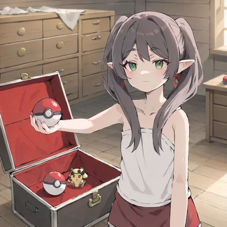 masterpiece,solo,anime-style,a Pikache holding a  pokemon ball in her one hand,<lora:frieren_meme-000014:0.85>,room,  treasure chest