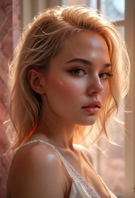 natural realism, posing near a window, luxury, detailed, extreme macro close up facial portrait of olz_olivia1, Hungarian girl, blonde hair, highly detailed skin, macro skin details, (Tony Kelly, Brandon Woelfel, Jonny Crosslin, award winning documentary, impressive, an image that inspires) photography, a woman posing in front of a pink marble wall in castle garden, magic hour sunset glow, (kodak portra 400, epiCPhoto), dramatic lighting, a sensational (pearlescent pink stone<pearlescence, subsurface scattering> wall rises from the floor, luxury architecture, art deco, lit, glow) as a delightfully mysterious backdrop to a (beautiful face<by casey baugh>, closeup facial portrait of the prettiest face ever, macro, detailed skin, elegant wet hairdo, long hair, sensational glossy lips, brown eyes, perfecteyes, shiny eyes, sexualized face of a cute woman up close), sensational realism, dramatic lighting, interplay of glimmering light and dark shadows evokes sexy sensuality and mystery, ambient occlusion, caustic raytracing, sheer beauty, glimmer, beautiful, (sexy:1.3), revealing, looking at viewer, wearing white classic dress, complementary, impressive, detailxl