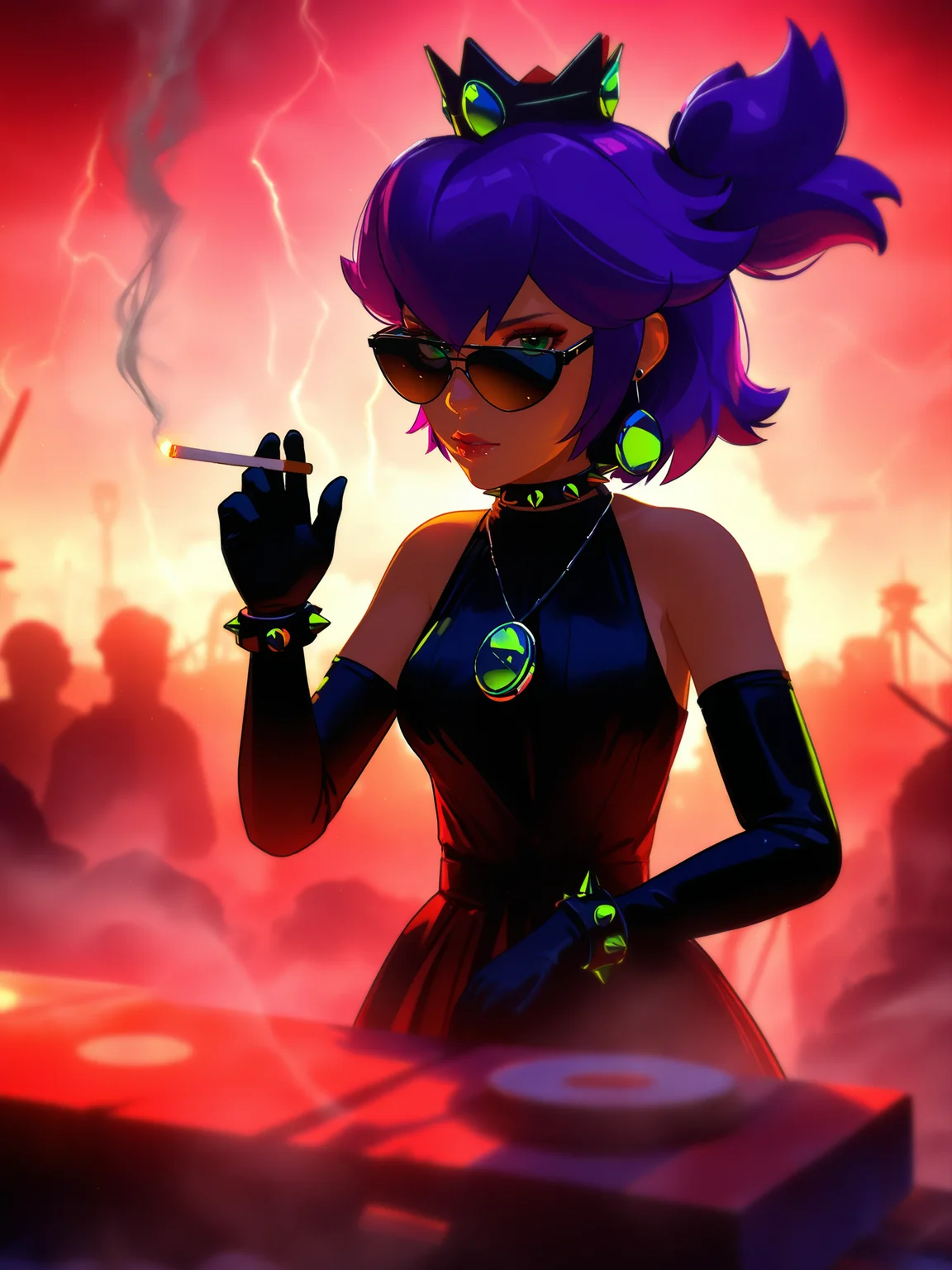 best quality,masterpiece, depth of field, cinematic lighting,  depth of field, cinematic lighting, source_cartoon,cartoon style,  parody, anime screenshot, 1girl, solo, looking at looking at viewer ,
1girl,  3d, cigarette, dress, earrings, elbow gloves, gloves, jewelry, lightning, lips, makeup, princess peach, smoke, smoking, solo, spiked bracelet, spiked collar, spikes, sunglasses
   <lora:un:1> unlblch, 1girl, solo, purple hair, two sides up, green eyes , short hair, <lora:Dramatic Lighting Slider_1173323:5> <lora:nhl-001:0.9> nhl-001, limited palette, realistic