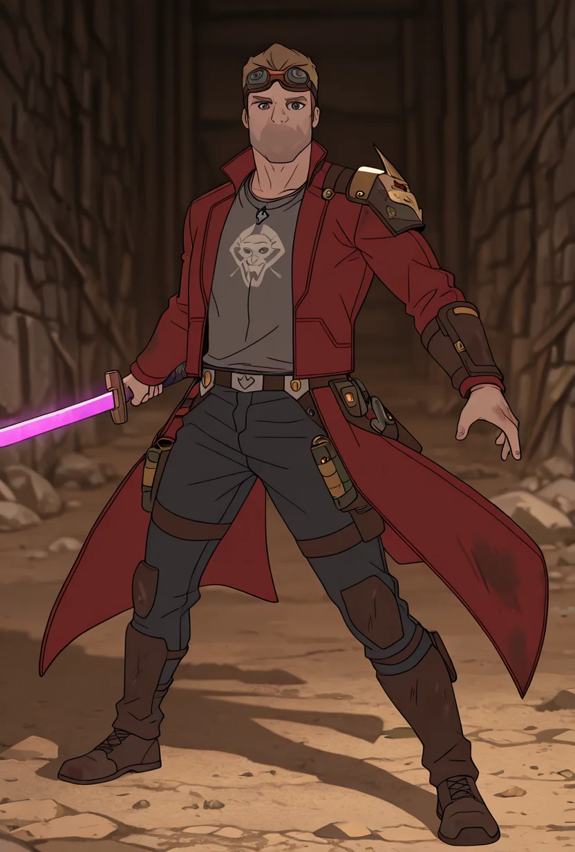 <lora:starlord-10:1> starlord, 1boy, dirty blonde hair, red jacket, gray shirt, short hair, open jacket, looking at viewer, goggles on head, head goggles, full body, ((long red coat,)), torn clothes, , black jeans, holding purple sword, (( mask on shoulder, )), loose belt, black necklace, samurai aesthetic, shirt print, dynamic pose, masterpiece, best quality, amazing quality, very aesthetic, absurdres, newest,