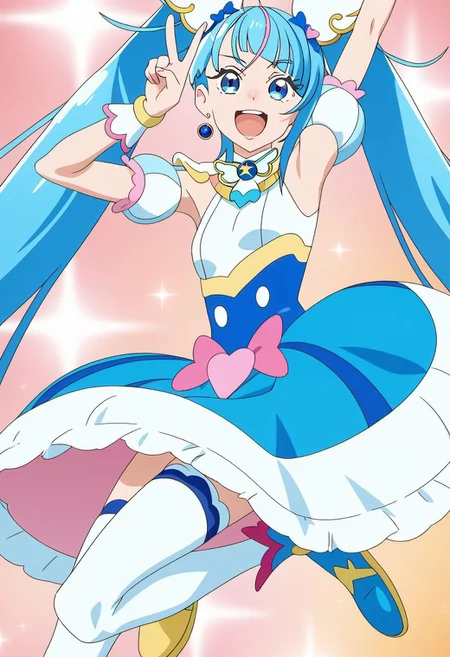 detailed background, shiny skin, posing, rating safe, 1girl, solo,
<lora:curesky.pony:1.0>,
curesky,
small breasts, hands on own hips, dancing, open mouth, smile, laughing, v-shaped eyebrows, blue eyes, from side, arm up, victory pose, jumping, arm strenched, white thighhighs, blue footwear, looking at viewer,