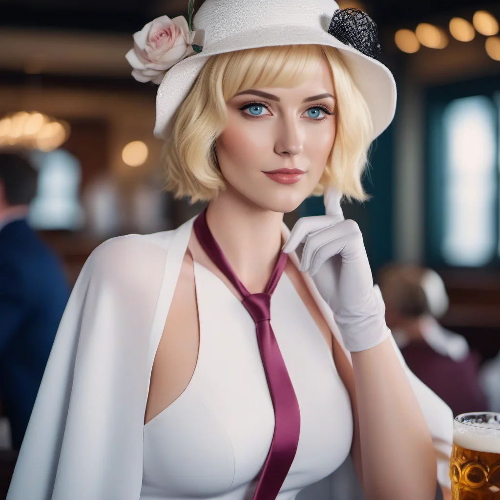 cinematic photo a woman, short blonde hair, blue eyes, gloves, necktie, white dress, hat flower, handbag, large breast, having a beer in a pub <lora:Stussy1024:0.8> . 35mm photograph, film, bokeh, professional, 4k, highly detailed