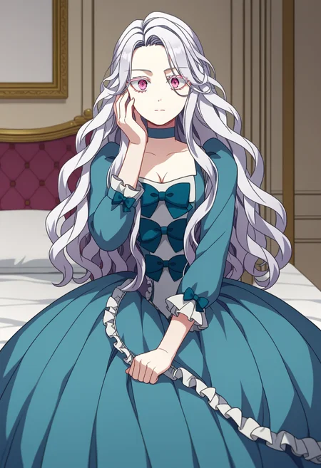 score_9, score_8_up, score_7_up, source_anime,
BREAK
1girl, solo, <lora:shiAbiMomV1:0.9>,
shiabidef, vnstyle,
white hair, pink eyes, long hair, wavy hair, very long hair, colored eyelashes,
blue dress, frilled dress, frilled sleeves, long sleeves, medium breasts,
blue choker, blue bow, cleavage, long dress,
looking at viewer, expressionless,
hand on own face,
indoors, bed, stretching,