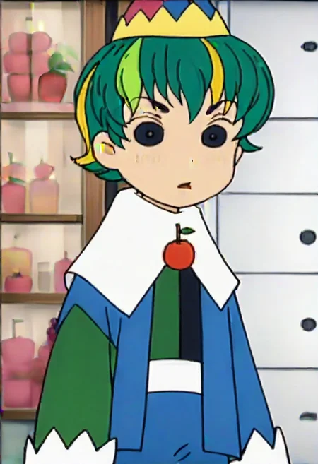 hat, green hair, multicolored hair, long sleeves, short hair, cherry, fruit, 1girl, blonde hair, black eyes,,,,,,,,,,, ,,,,,anime coloring,anime screencap, 1girl,Solo ,, anime,,,,official art, Uncensored ,Unedited ,,,,, ,,,,,,