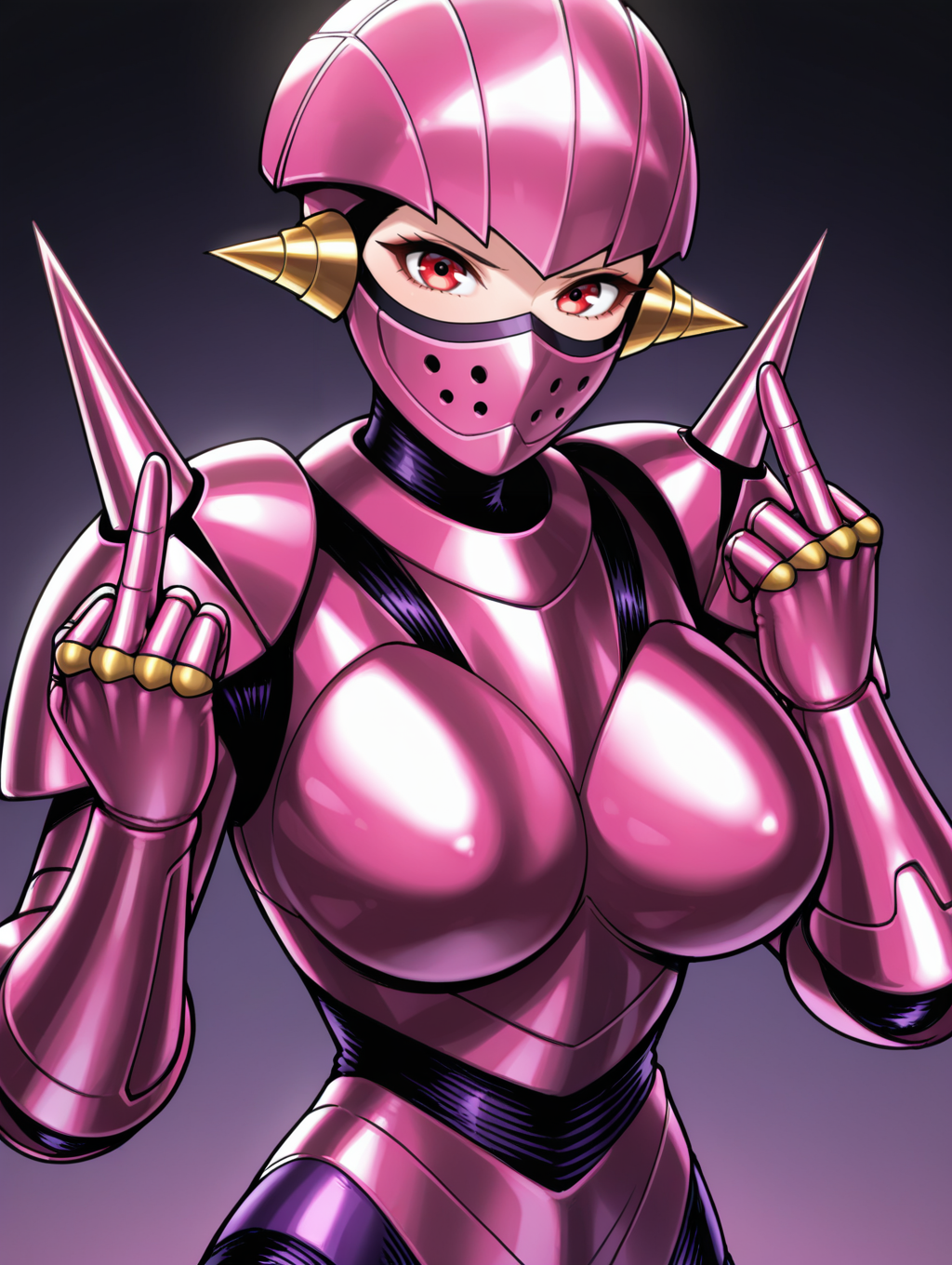 full armor,robot girl,robolady,1girl,solo,spikes,large breasts,looking at viewer,upper body,covered mouth,mouth mask,pink helmet,pink armor,shoulder spikes,pink gauntlets,purple bodystocking,middle finger,
masterpiece,best quality,amazing quality,very aesthetic,absurdres,newest,<lora:Robolady illuXL v1:0.7>,