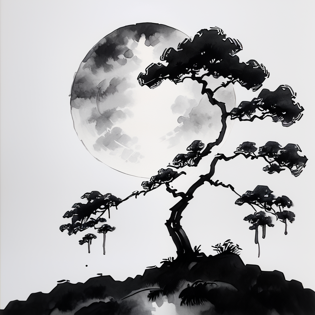 core_9, score_8_up, score_7_up, score_6_up, <lora:Zen_Ink_Wash_Sumi-e:1>  ArsMJStyle, Zen Ink Wash Sumi-e, A lone tree standing on a hill under a full moon, monochrome, greyscale, minimal detail, white background, solitary, nature, traditional media, ink, solo.