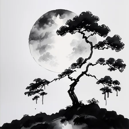 core_9, score_8_up, score_7_up, score_6_up, <lora:Zen_Ink_Wash_Sumi-e:1> ArsMJStyle, Zen Ink Wash Sumi-e, A lone tree standing on a hill under a full moon, monochrome, greyscale, minimal detail, white background, solitary, nature, traditional media, ink, solo.