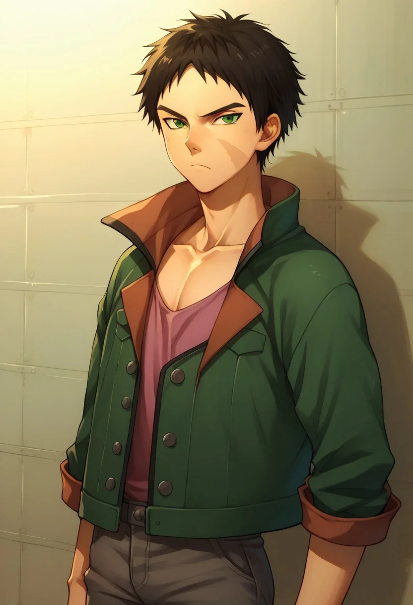 score_9, score_8_up, score_7_up, source_anime, highly detailed,
aston, 1boy, male focus, solo, black hair, scar, green eyes, upper body, jacket, green jacket, standing, pants, frown, slender
indoor, hangar,