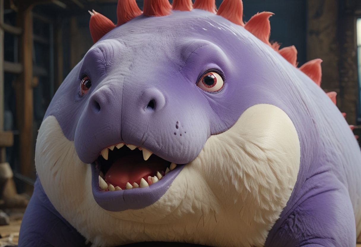 HD, Raytracing, cinematic, sense of scale, 1massive chonkasaurus white, big red round nose, red lipstick, blue eyeshadow, glasgow smile, atmospheric, empty space, colours, blurry background, realistic fur, purple realistic eyes, bloodshot eyes, <lora:chonkasaurus-000003:1>