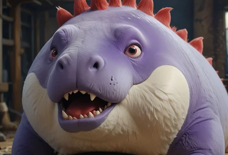 HD, Raytracing, cinematic, sense of scale, 1massive chonkasaurus white, big red round nose, red lipstick, blue eyeshadow, glasgow smile, atmospheric, empty space, colours, blurry background, realistic fur, purple realistic eyes, bloodshot eyes, <lora:chonkasaurus-000003:1>