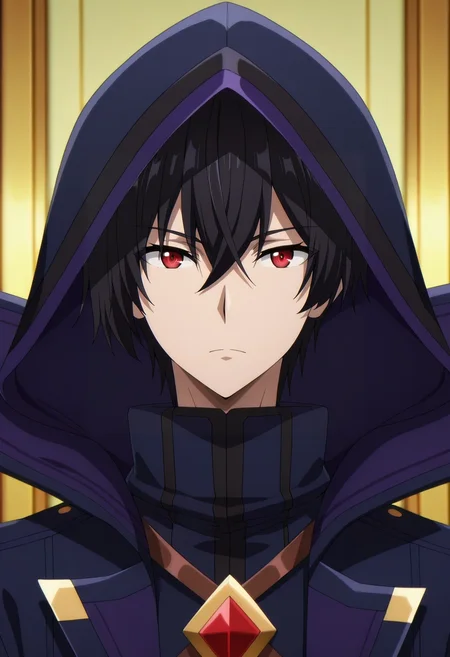 masterpiece, best quality, , anime screencap, anime coloring, official style, looking at viewer, 1boy, solo, male focus, <lora:cid_kagenou_ilxl:0.94>, cid_kagenou, black hair, short hair, hair between eyes, bangs, red eyes, cloak, hood, hood up,