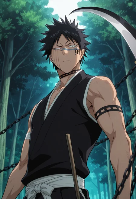 1male, solo, male focus, black hair, short hair, spiked hair, black eyes, HisagiShuhei69, 1boy, upper body, black sleeveless Kimono, holding scythe and chain, forest background, source_anime, masterpiece, best quality, absurdres, newest, perfect quality, best quality, absolutely eye-catching, detailed background, intricate details