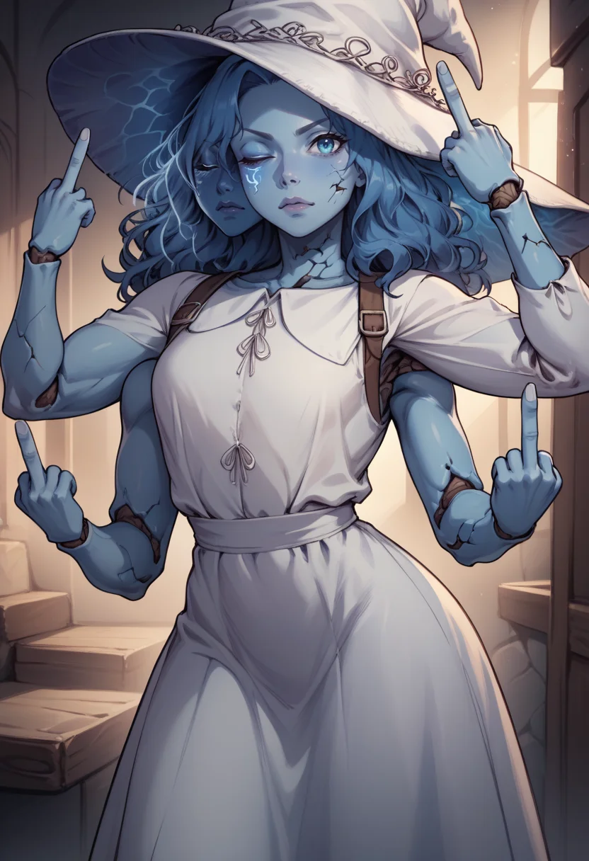 score_9, score_8_up, score_7_up, 1girl, <lora:Ranni_pdxl_Incrs_v2:1>, IncrsRnnThWtch, blue eyes, one eye closed, blue hair, wavy hair, 4 arms, multiple faces, blue skin, colored skin, cracked skin, doll joints, witch hat, white headwear, white dress, cowboy shot, middle finger, looking at viewer, double middle finger, arms up,