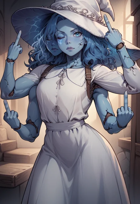 score_9, score_8_up, score_7_up, 1girl, <lora:Ranni_pdxl_Incrs_v2:1>, IncrsRnnThWtch, blue eyes, one eye closed, blue hair, wavy hair, 4 arms, multiple faces, blue skin, colored skin, cracked skin, doll joints, witch hat, white headwear, white dress, cowboy shot, middle finger, looking at viewer, double middle finger, arms up,