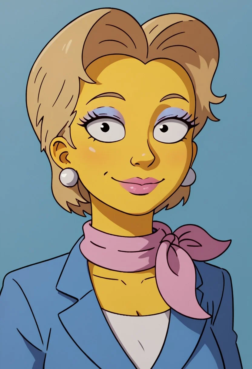 ((bedroom background)),score_9, score_8_up, score_7_up,score_6_up,
1girl, solo, Chloe_TS, yellow skin, black eyes, dark blonde hair, short voluminous hair, hairsyle elegant, pink lipstick, white pearl earrings, lilac eyeshadow, pink scarf, blue formal jacket, blue formal skirt, white fitted blouse underneath, blue high heels, tall stature, social smile, sexy face, close-up, face photo, perfect eyes, perfect smile, looking at the viewer, big breasts, detailed eyes, perfect eyes, very close-up, cute