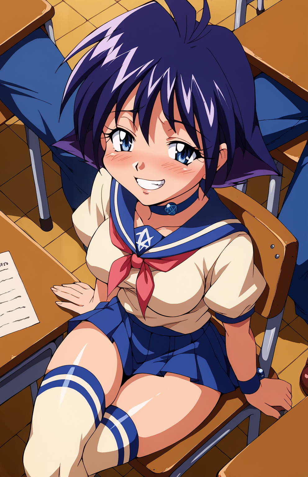 score_9,score_8_up,score_7_up,score_6_up BREAK source_anime,rating_explicit,masterpiece,best quality,detailed background,<lora:Amelia_Wil_Tesla_Saillune_Slayers_culty:0.8>,amelia,1girl,short hair,blue eyes,purple hair,retro artstyle,1990s (style),pentacle,choker,<lora:Broken_school_uniform_PONY:0.6>,BROKEN_SCHOOL_UNIFORM,miniskrt,classroom,sitting,crossed legs,chair,multiple boys,faceless male,solo focus,female_focus,from above,blush,half-closed eyes,smug,clenched teeth,thighhighs,