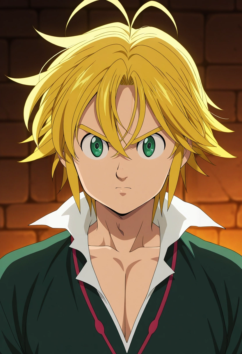 masterpiece, best quality, , anime screencap, anime coloring, official style, looking at viewer, 1boy, solo, male focus, <lora:meliodas_nanatsu_no_taizai_ilxl:0.92>, meliodas_nanatsu_no_taizai, blonde hair, green eyes, short hair, antenna hair, hair between eyes,