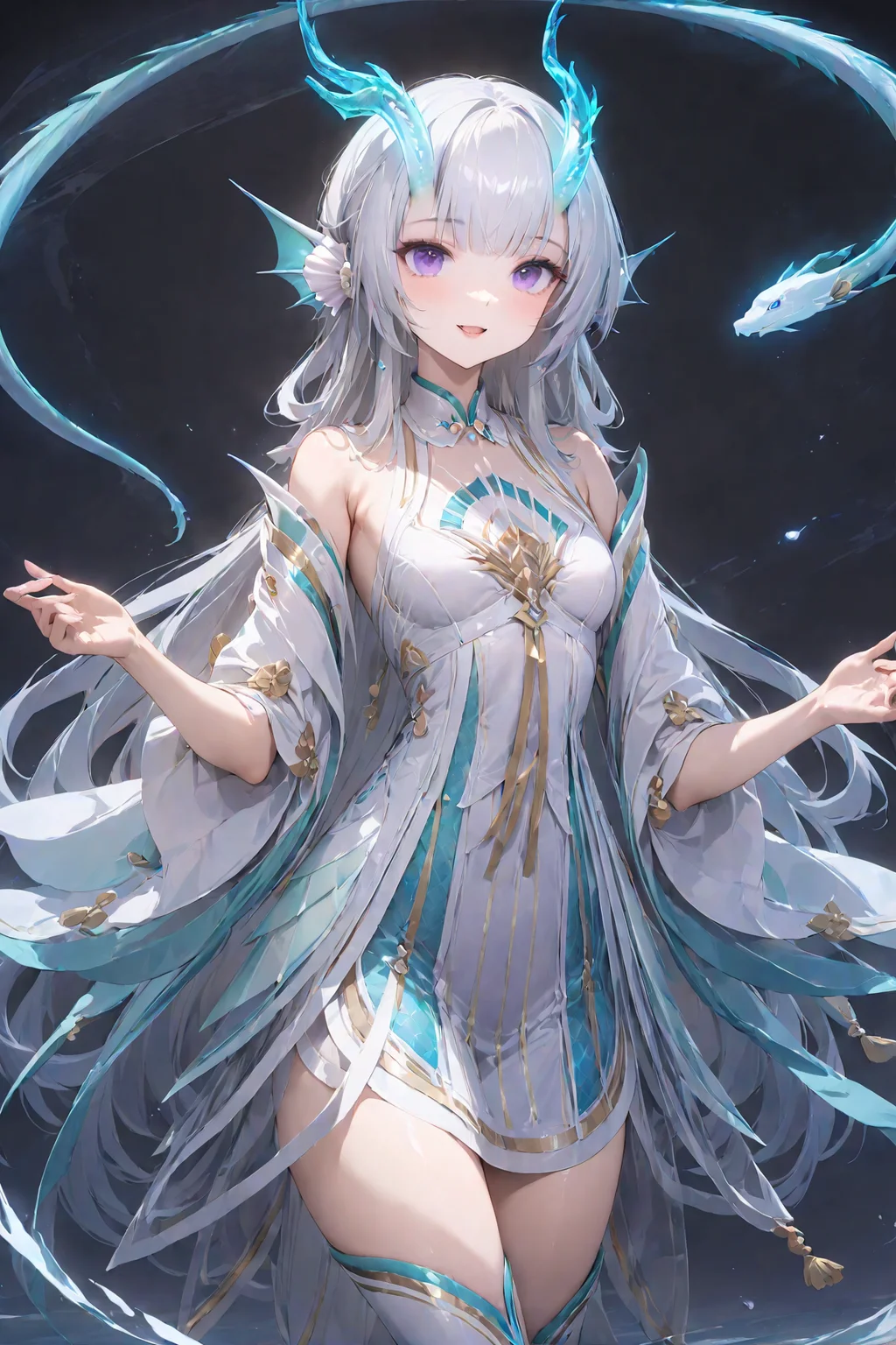 masterpiece, best quality, perfect features, 1girl, solo, light smile, looking at viewer, smile, open mouth, simple background,
white hair, purple eyes, dragon horns, fins, head fins, dress, bare shoulders,white boots, <lora:Xishi_YLQY_xl:0.7>, masterpiece, best quality,