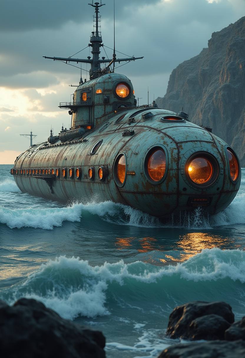 YFG-Rounded submarine, dark ocean waves, stormy sky, metallic sheen, dynamic pose, realistic reflections, aggressive expression, intricate mechanical design, menacing atmosphere, vivid colors, detailed textures, dramatic lighting, turbulent water, mechanical fins, intense scene, photorealistic shadows, sharp with intricate textures and vibrant colors. The scene should include a rich variety of elements, each contributing to the overall atmosphere. Lighting should be soft, diffused, and natural, enhancing the depth and realism of the scene. The mood is to be calm yet vibrant, creating a sense of serenity and wonder. Every detail in the scene should be meticulously rendered, emphasizing the contrast between light and shadow, and capturing the fine textures and subtle gradients. The color palette should be carefully chosen to evoke emotion, with each hue enhancing the aesthetic appeal of the overall composition. The final image should be immersive and captivating, drawing the viewer into its intricately detailed world.