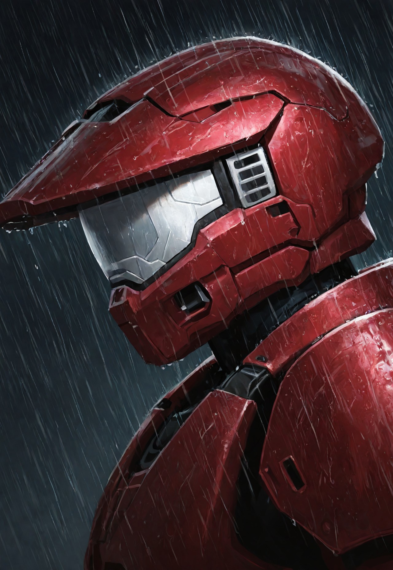 masterpiece, best quality, amazing quality, very aesthetic, absurdres, newest, detailed background, 5partan, 1boy, solo, red armor, helmet, white visor, portrait, raining, dark, no eyes, from side, three quarter view, (facing left:1.2)