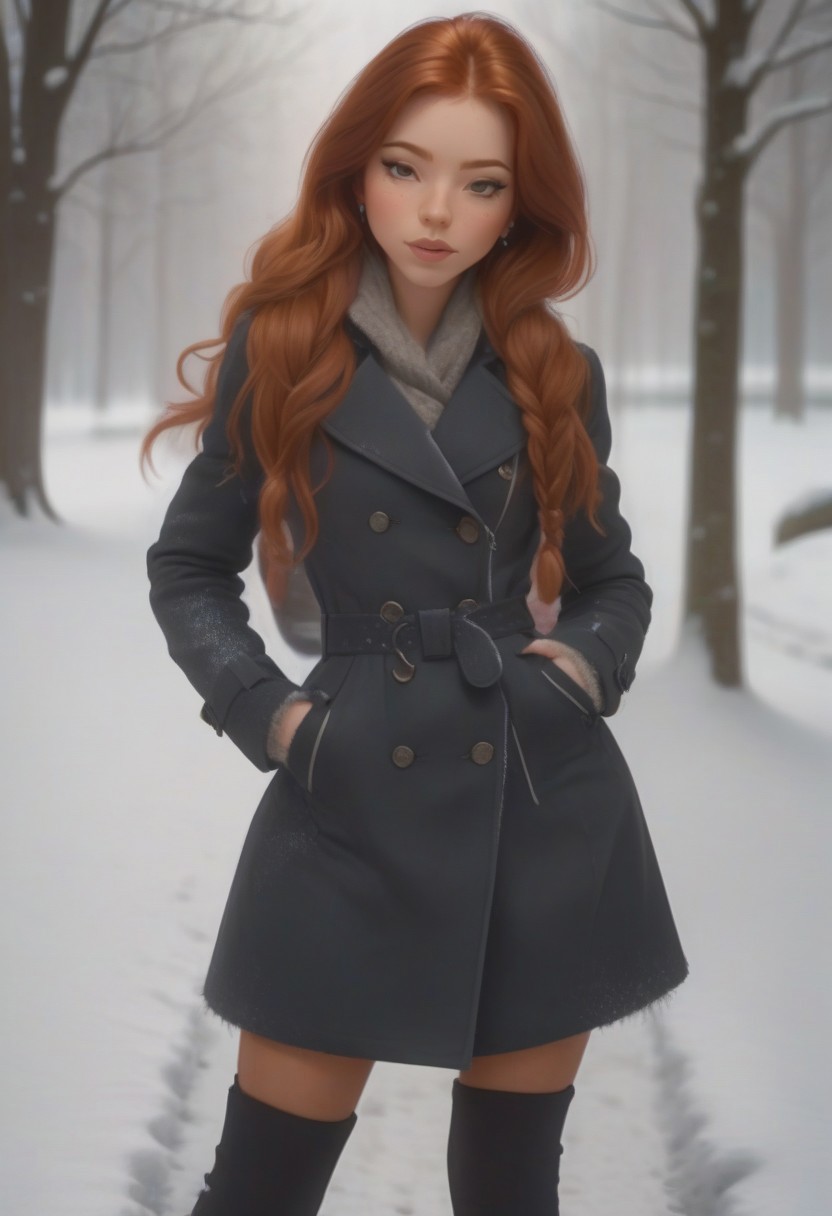 em5588, best illustration, illustration, masterpiece, best quality, ultra-detailed, photo of beautiful woman ,seductive, red hair.coat  ,in the park,   Winter, snow  ,  masterpiece) (best quality) (detailed) (8k) (HDR) (wallpaper) (cinematic lighting) (sharp focus) (intricate)