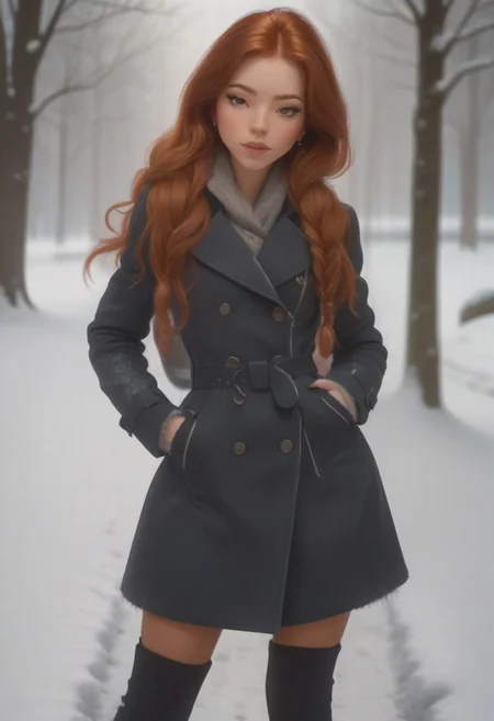 em5588, best illustration, illustration, masterpiece, best quality, ultra-detailed, photo of beautiful woman ,seductive, red hair.coat ,in the park, Winter, snow , masterpiece) (best quality) (detailed) (8k) (HDR) (wallpaper) (cinematic lighting) (sharp focus) (intricate)