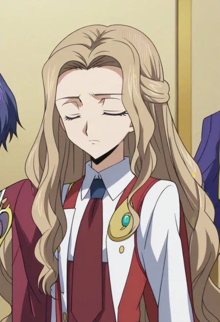anime screencap, masterpiece, best quality, Code Geass anime art style, <lora:Nunnally_Lamperouge:1>Nunnally Lamperouge, 1girl, ashford academy school uniform, long hair, necktie, school uniform, closed eyes,