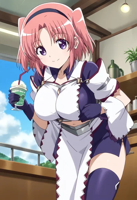 (score_9:0.9),score_8_up,score_7_up,rating_safe,anime style,(zPDXL),masterpiece, anime coloring) rating_safe, anime style, anime_screencap, source_anime,
BREAK source_anime, anime, best quality, masterpiece, rating_safe, uncensored, High quality, 8k, Ultra, Expressiveh,
BREAK (Cafe, cafe terrace, sunny weather, clouds, sun),
BREAK  1girl, kobeni, 
equis armor, purple thighhighs, short hair, white boots, white breast curtains, white detached sleeves, white pelvic curtain, black hairband, cyan hair tubes, purple gloves,
BREAK  ((cowboy shot)),(leaning forward),(from below),
busty breasts,(large breasts:1.2),looking at viewer,smile,