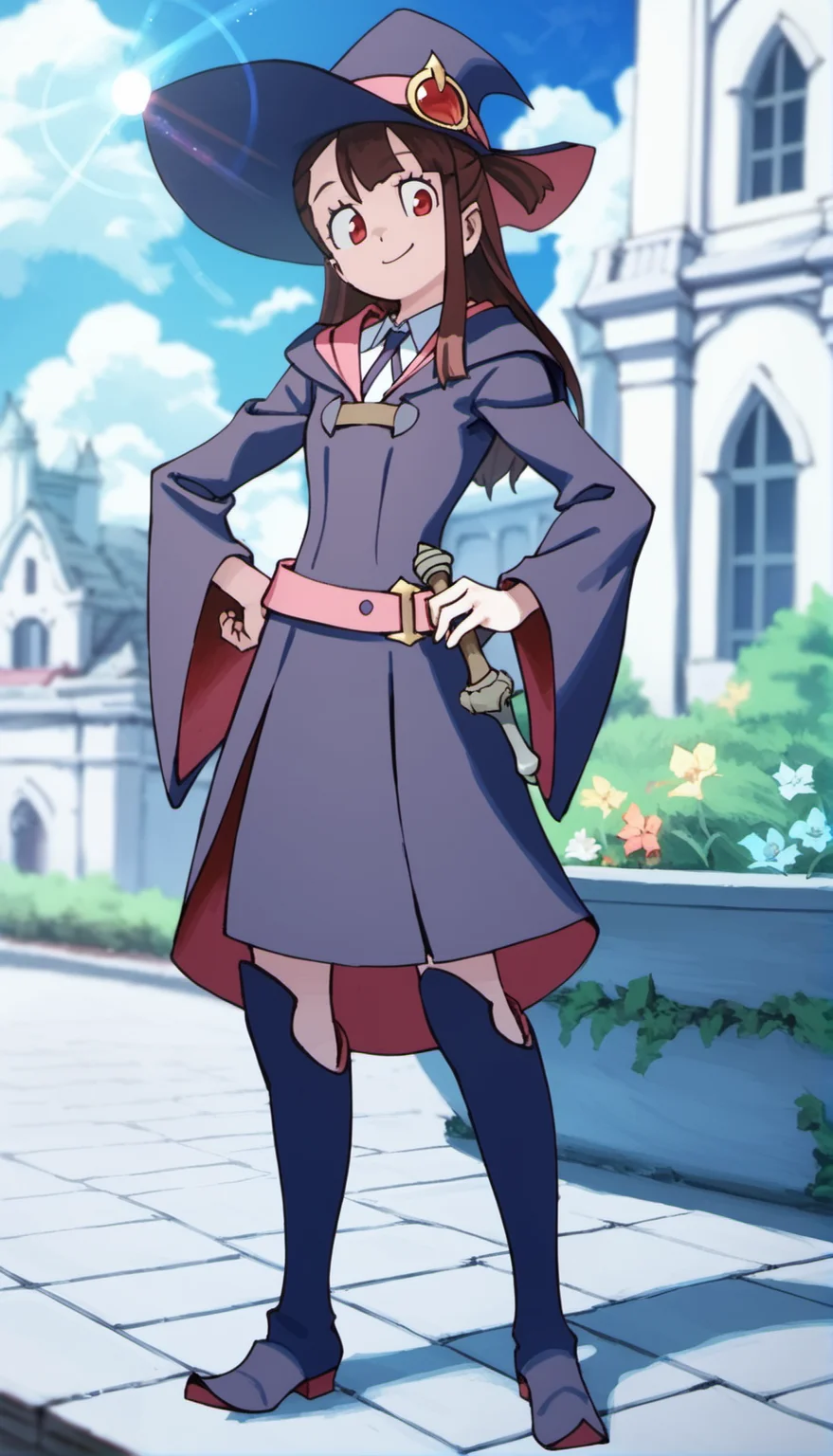 score_9,score_8_up,score_7_up,
<lora:AtsukoKagari:0.9>,akkokagari,
1girl,solo,brown hair,long hair,bangs,short ponytail,red eyes,looking at viewer,smile,witch hat,witch robe,white collar,bowtie,pink belt with wand hanging on it,witch knee boots,full body,standing,right hand on hip,left arm down and spread fingers,
blurry background,outdoors,bloom,light particles,lens flare,cloud,cityscape,magic academy,castle,garden,courtyard,