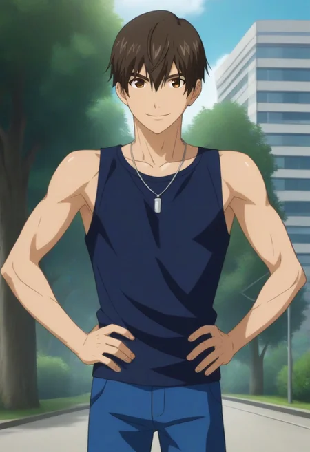 ((masterpiece)), ((best quality)), ((ultra-detailed)), ((absurdres)), score_9_up, score_8_up, score_7_up,
HD, top quality, best quality, amazing quality, High-quality illustrations, anime screencap, source_anime, best aesthetic, perfect proportions, perfect eyes, 1boy, 1male, solo boy, solo male, male focus, solo male focus, Anime, boy, male anime character, anime boy, handsome, cute, charming, good-looking, ((tall, tall body, tall height)), ((lean body, toned body)), Takeru Shirogane, brown hair, brown eyes, ((sleeveless black-blue shirt, necklace, blue pants)), ((smile, closed mouth, hands on hips pose)), ((head to hips shot, cowboy shot, upper body shot)), ((outside of school building, trees))