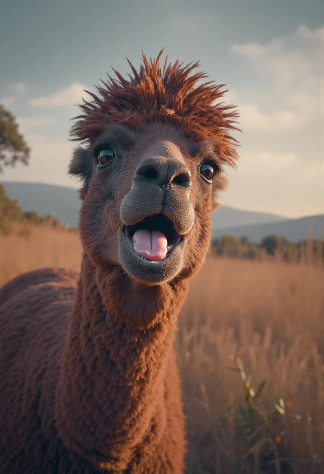 (masterpiece, best quality, high-res, 4k textures, ultra detailed:1.25),
Cinematic <lora:Cinematic:0.75> film still National Geographic - Animal documentary,
Medium close-up of a lonely Pop Alpaca, looks shocked, tongue outside from open mouth,
(in wild savanna at Blue hour:1.25), soft focus <lora:AntiBlur:1.25>, natural light, warm tones,
sharp focus, moody, dark, 35mm <lora:Epic35mmJoicap:0.5>, grainy, sharp focus, bokeh, vignette