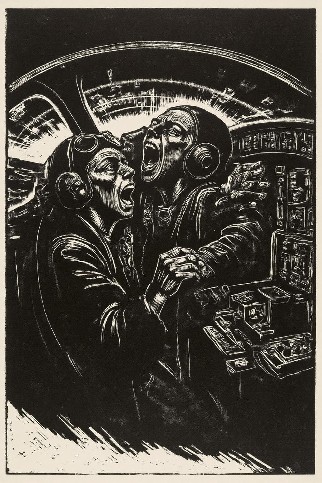 kako1 black and white woodcut print. A female pilot screaming inside the cockpit of a World War II bomber. The pilot, wearing a vintage leather flight helmet with goggles and a bomber jacket, grips the controls with white-knuckled hands. Her face is contorted in a mix of fear and determination as she yells, her eyes wide with adrenaline. The cockpit is cramped and filled with old-fashioned dials and gauges, with the outside view showing dark stormy clouds and distant anti-aircraft fire  <lora:kako3_woodcut_cap_d6a3e11:1.0><lora:817675934225359495:0>