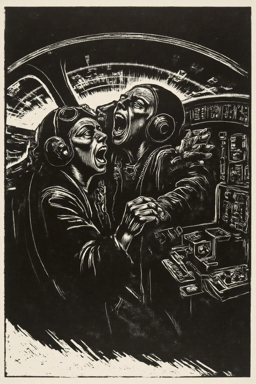 kako1 black and white woodcut print. A female pilot screaming inside the cockpit of a World War II bomber. The pilot, wearing a vintage leather flight helmet with goggles and a bomber jacket, grips the controls with white-knuckled hands. Her face is contorted in a mix of fear and determination as she yells, her eyes wide with adrenaline. The cockpit is cramped and filled with old-fashioned dials and gauges, with the outside view showing dark stormy clouds and distant anti-aircraft fire <lora:kako3_woodcut_cap_d6a3e11:1.0><lora:817675934225359495:0>