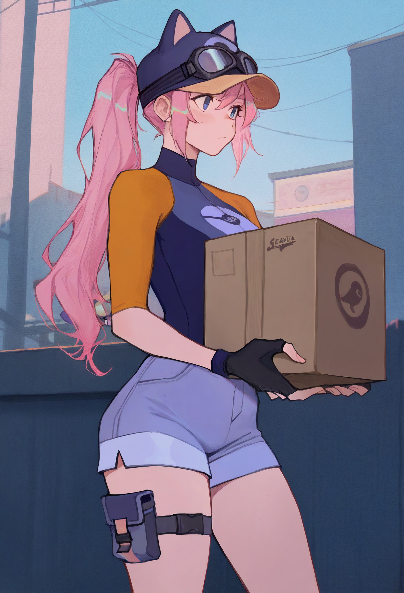1girl, solo, holding box, outdoors, 
 long hair, pink hair, ponytail, blue eyes, blue headwear, baseball cap, cat hat, goggles on headwear, blue shirt, raglan sleeves, short sleeves, black gloves, fingerless gloves, blue shorts, short shorts, thigh pouch, 
masterpiece, best quality <lora:AmiThompson-adafactor-guy90:1>, nosima, <lora:steam_steamdeliverygirl_illustriousXL:1>, steamdeliverygirl