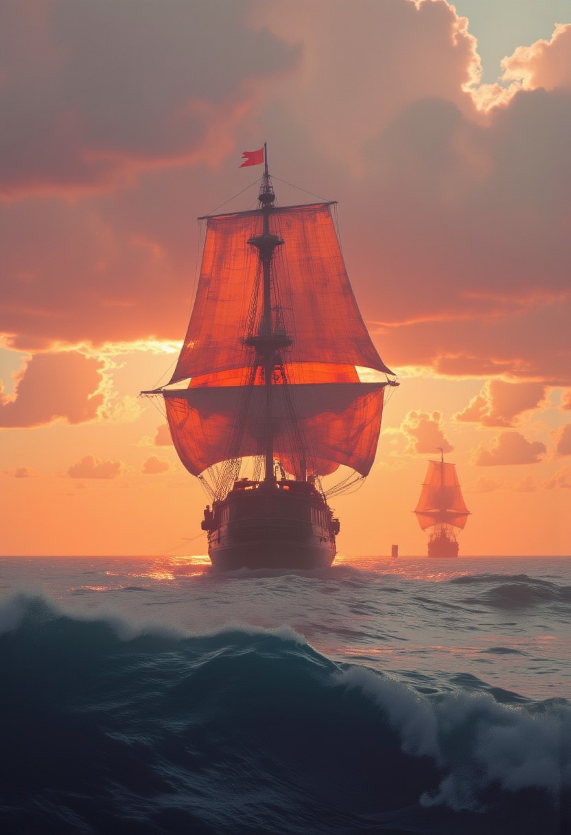 High Quality, hyperdetailed high Resolution ohoto, a moody scenery Landscape, a wide Angle Shot over a detailed massive galley at SEA, hyperdetailed naval effects, high waves, atmospheric lighting, oranate ancient/medieval Style, translucent bleaked orange sails, atmospheric orange/pink sundawn behind billowing Clouds, atmospheric lighting, volumetric lighting, atmospheric haze,